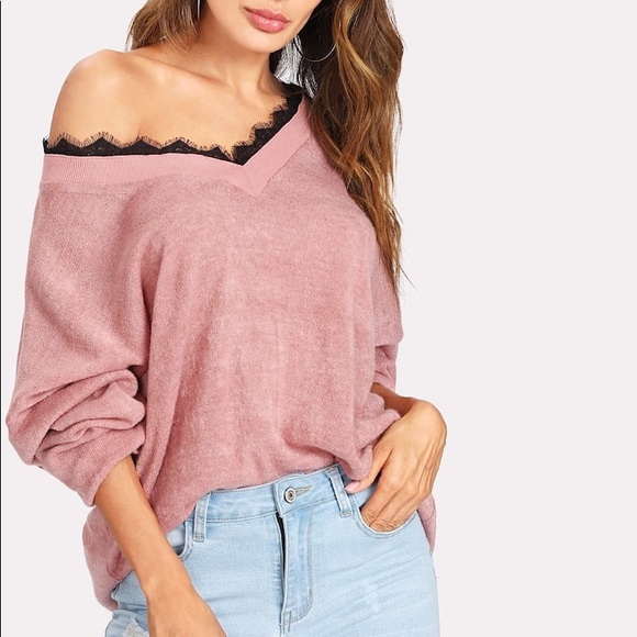 Sweaters - Lace trim v neck sweater pink black
